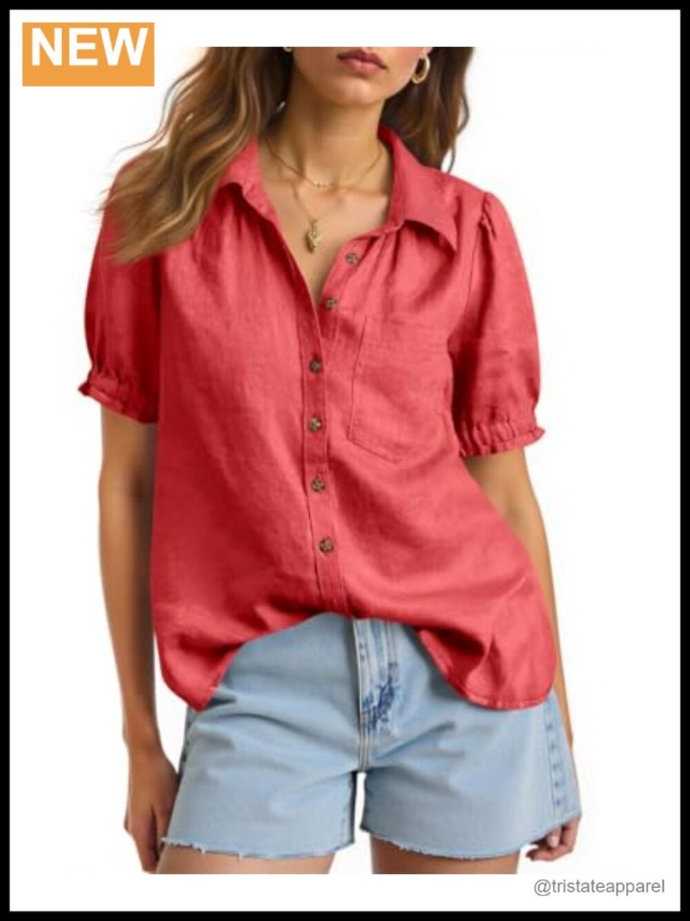 Puff Sleeve V Neck Blouse Linen Cotton Button Down Shirt